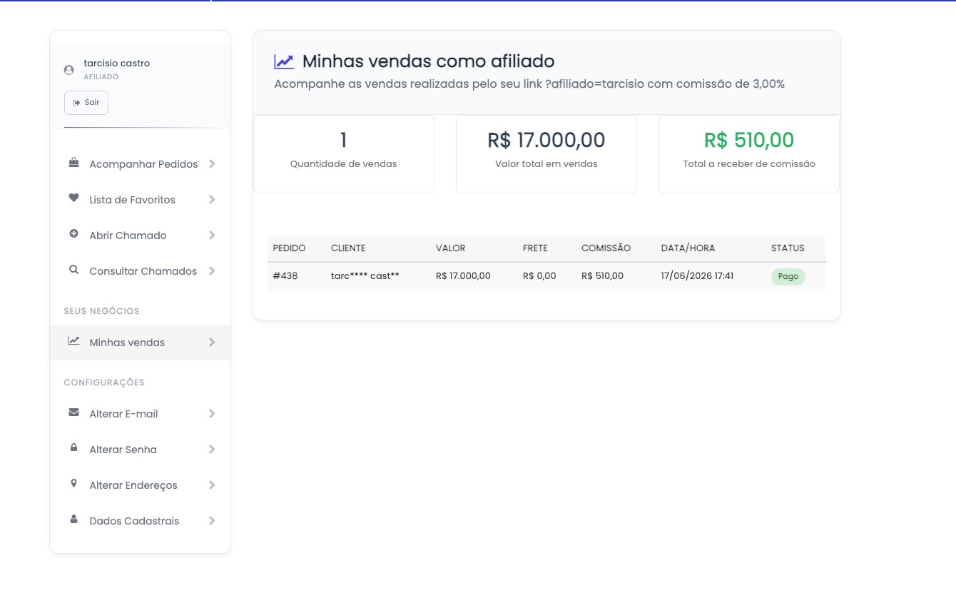 Área Minhas vendas mostrando quantidade de vendas, valor vendido e comissão do afiliado