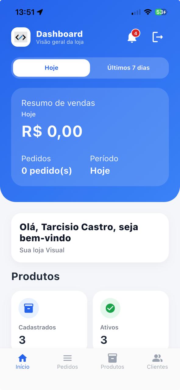 Dashboard do aplicativo Visual Lojista - Visão geral da loja