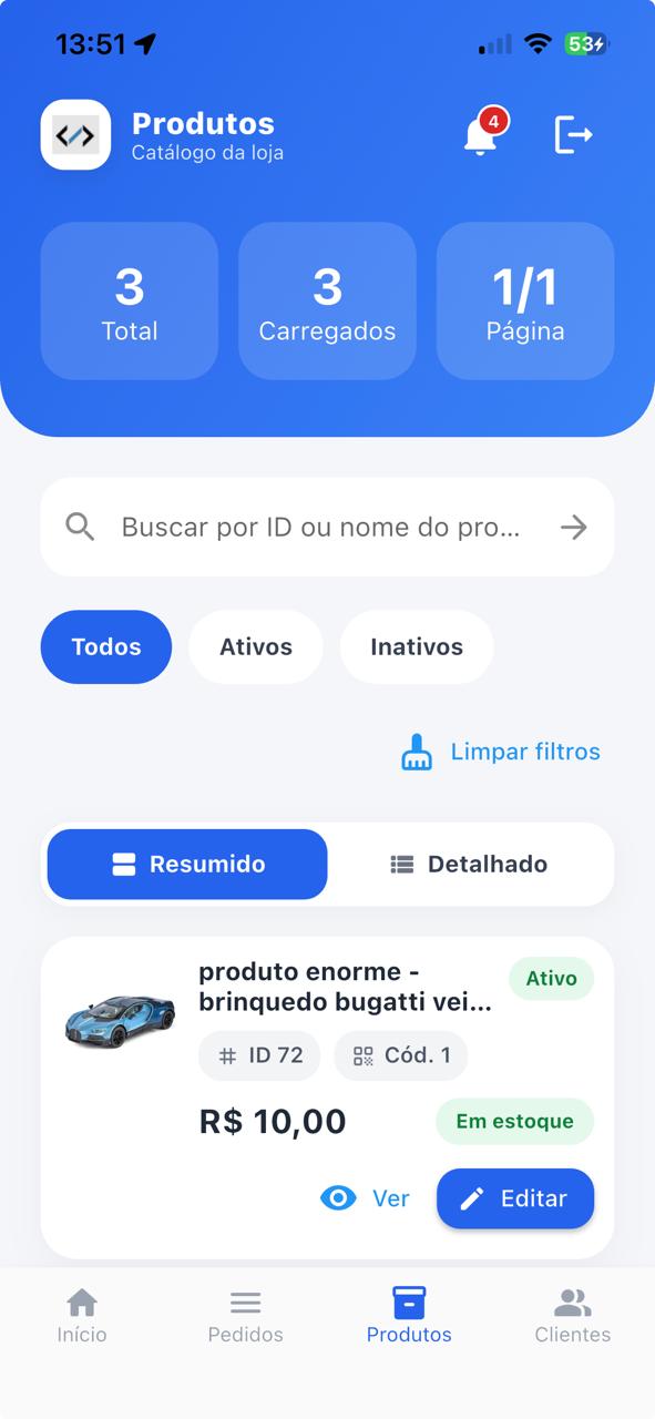 Tela de pedidos do aplicativo Visual Lojista