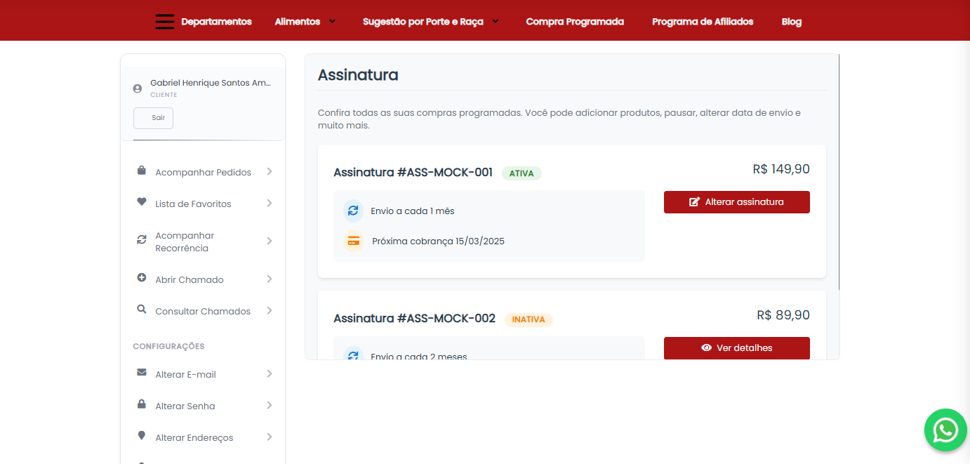 Área do cliente - Gestão de assinaturas Visual E-commerce