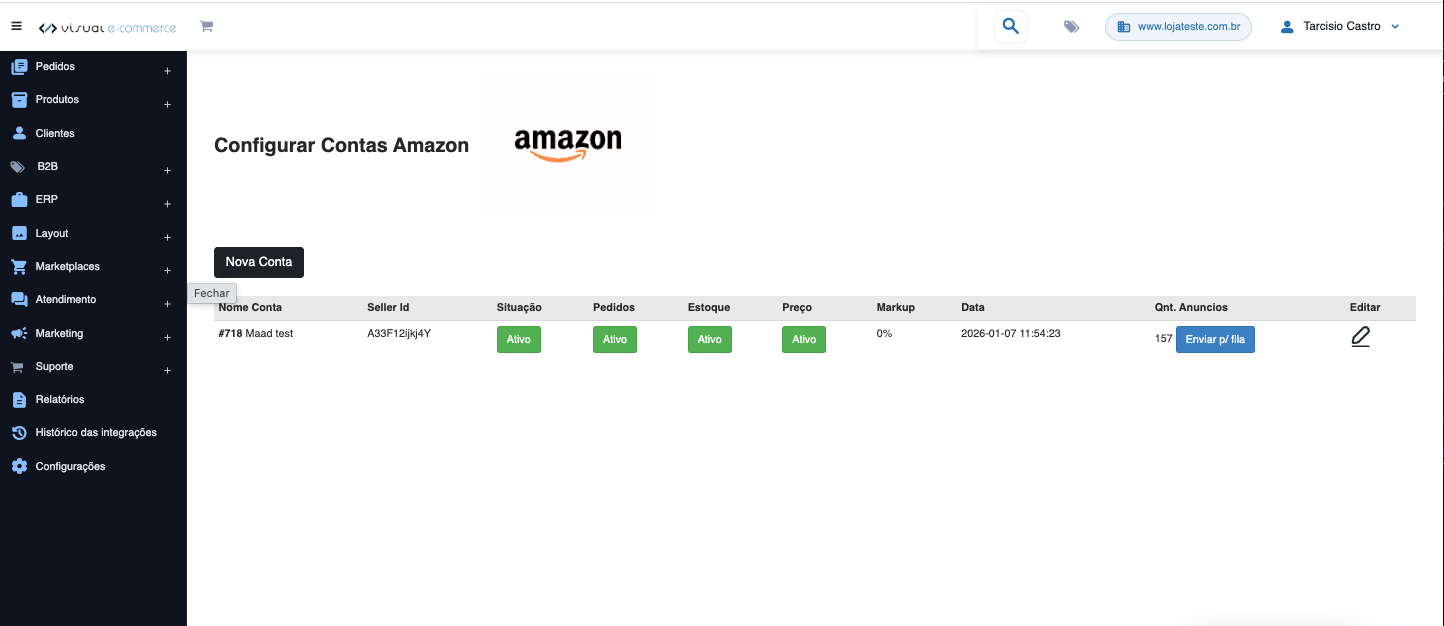 Passos da integração com Amazon — conexão, sincronização e acompanhamento de pedidos