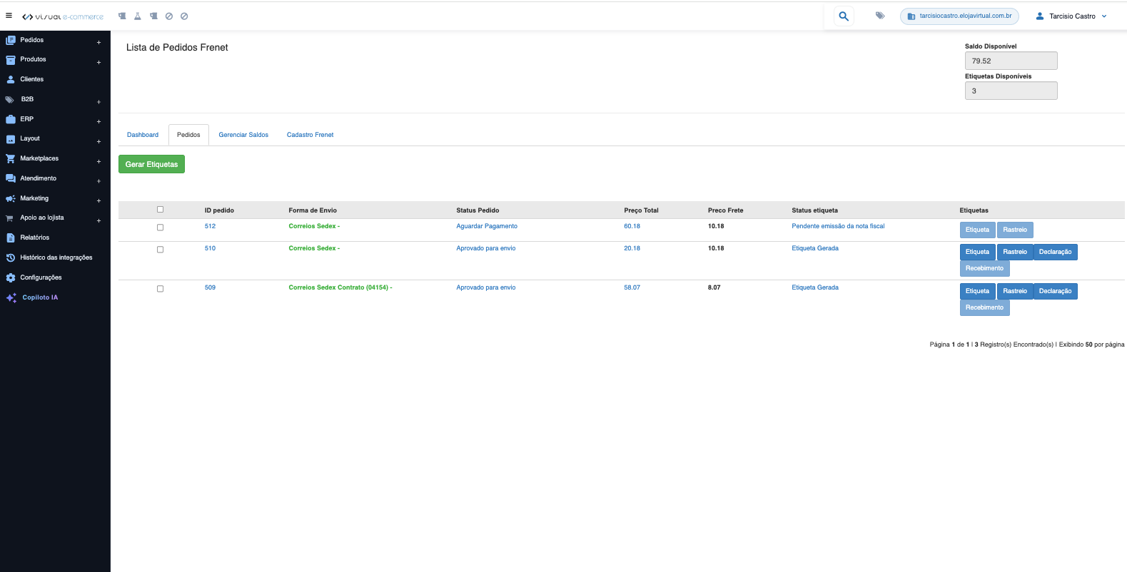 Lista de pedidos Frenet no portal administrador da Visual E-commerce, com status da etiqueta e botões de etiqueta, rastreio e declaração