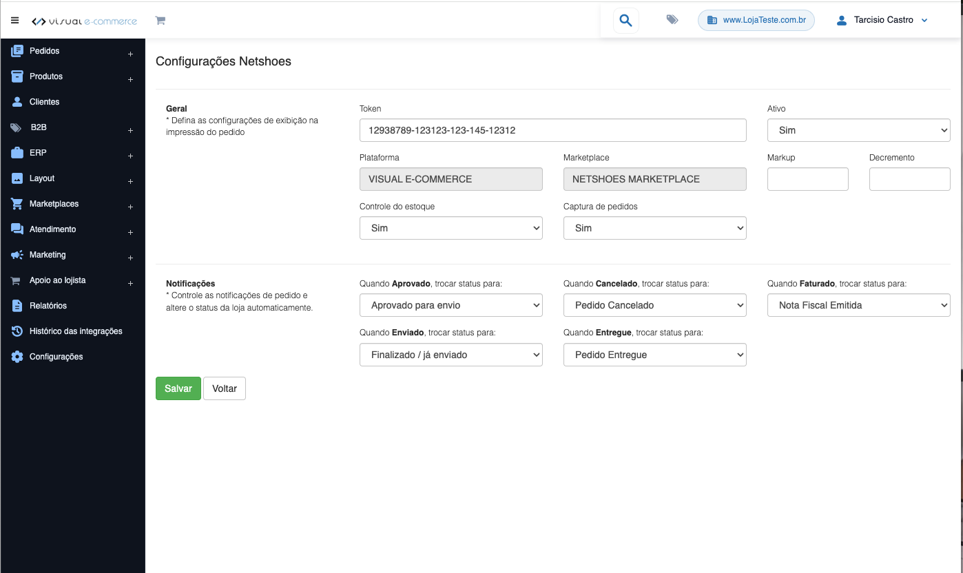 Passos da integração com Netshoes — conexão, sincronização e acompanhamento de pedidos