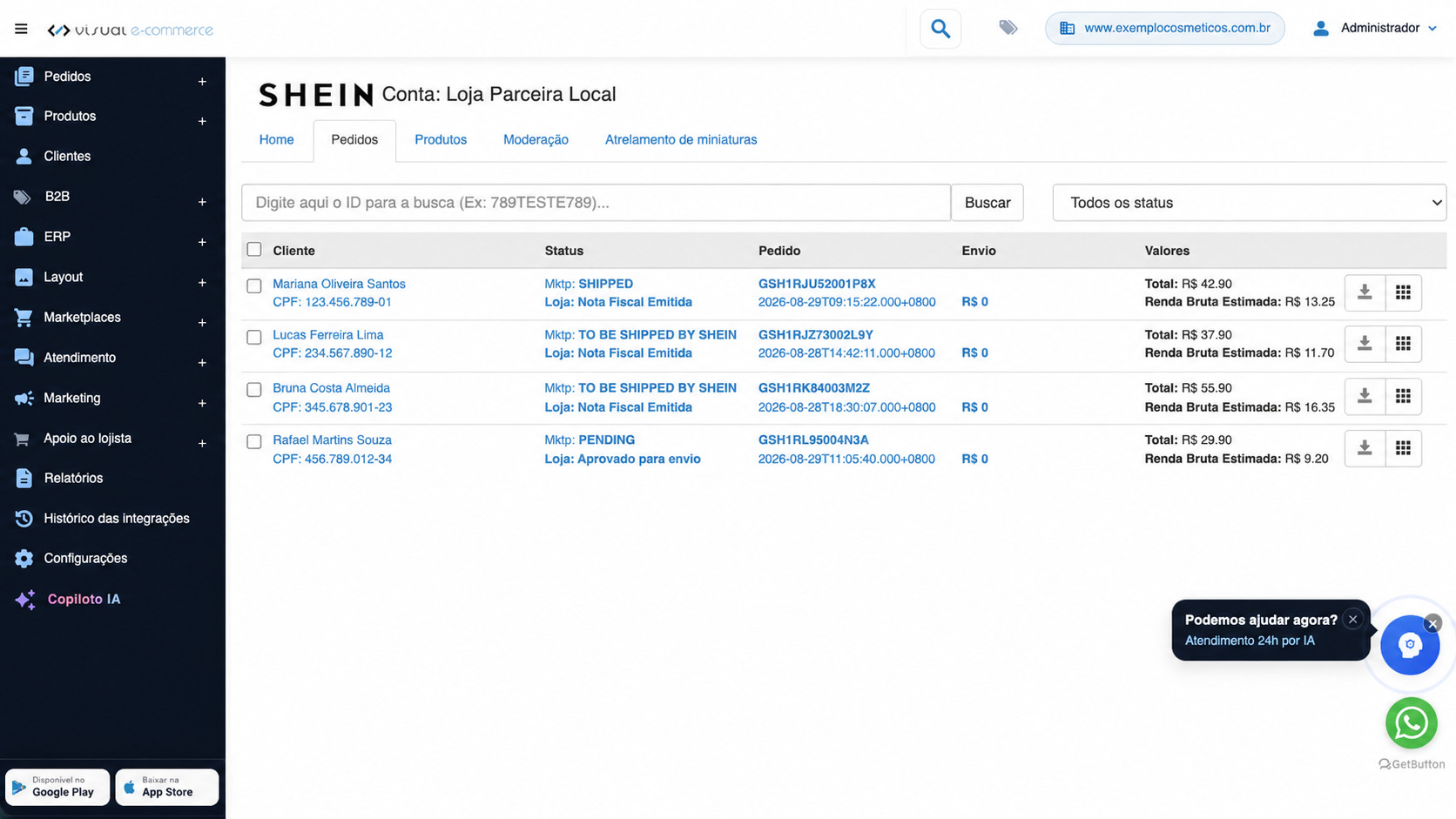 Gestão de pedidos de Shein integrados à loja virtual Visual E-commerce