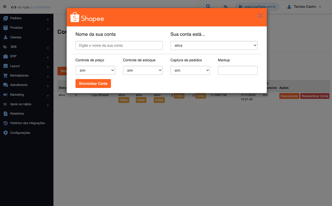 Passos da integração com a Shopee — conexão, sincronização e acompanhamento de pedidos