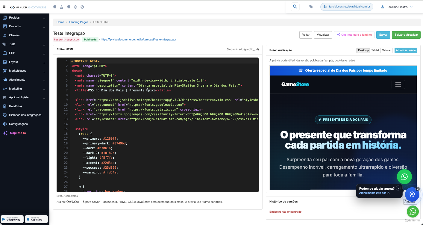 Editor de Landing Page da Visual E-commerce com código HTML e pré-visualização da página no celular